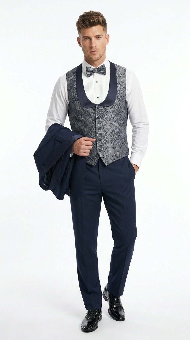 Men’s Indigo Blue One Button Shawl Tuxedo with Paisley Vest, Formal Wedding Prom Dinner Suit Set