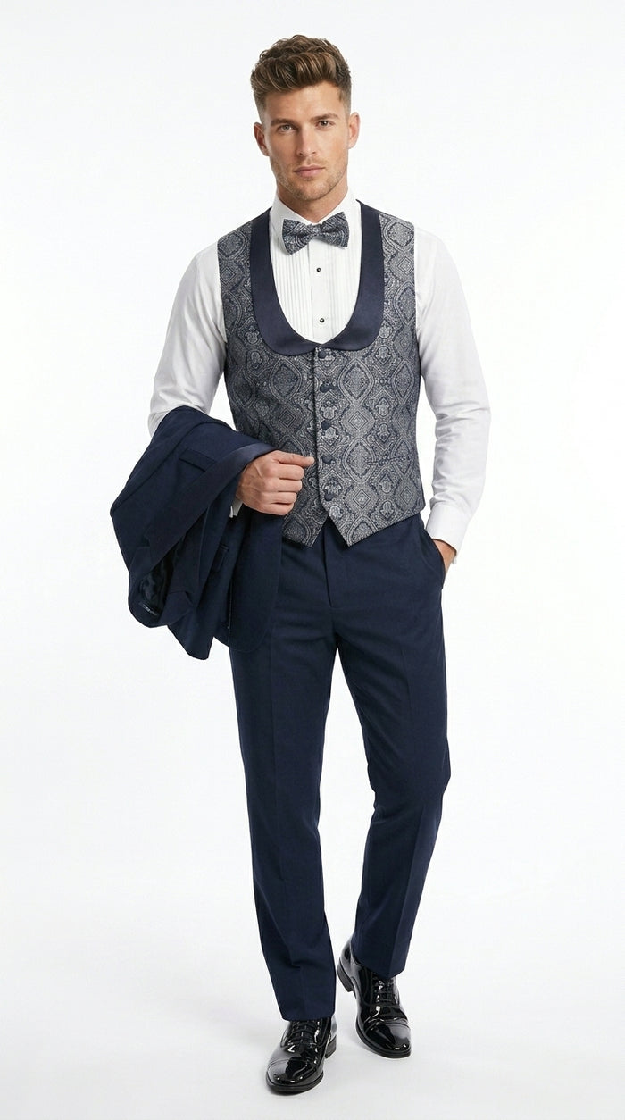 Men’s Indigo Blue One Button Shawl Tuxedo with Paisley Vest, Formal Wedding Prom Dinner Suit Set