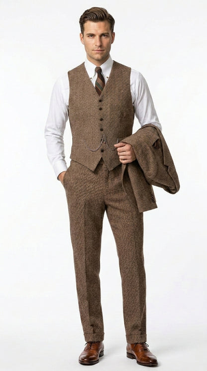 Men’s Light Brown Tweed Herringbone 3 Piece Great Gatsby Suit, Vested Vintage Wedding Formal Suit Set