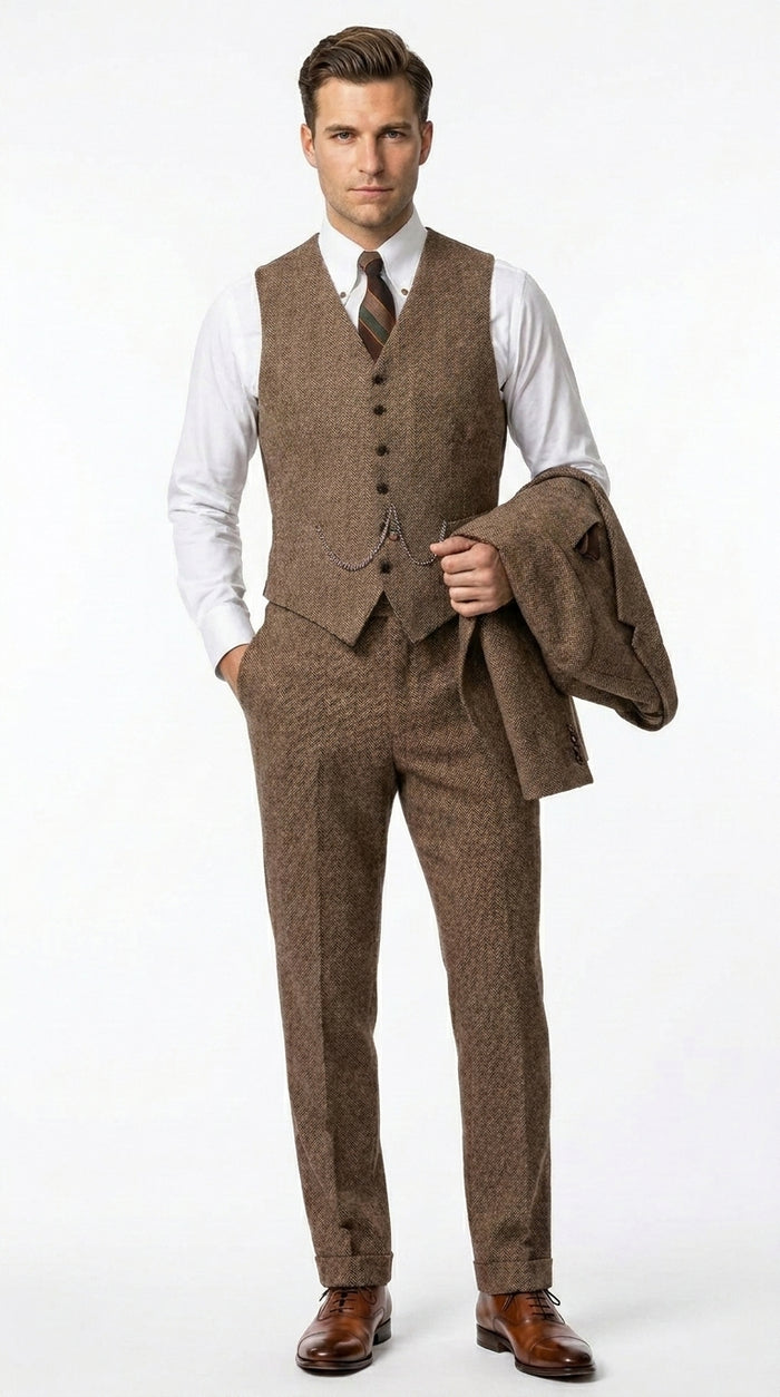 Men’s Light Brown Tweed Herringbone 3 Piece Great Gatsby Suit, Vested Vintage Wedding Formal Suit Set