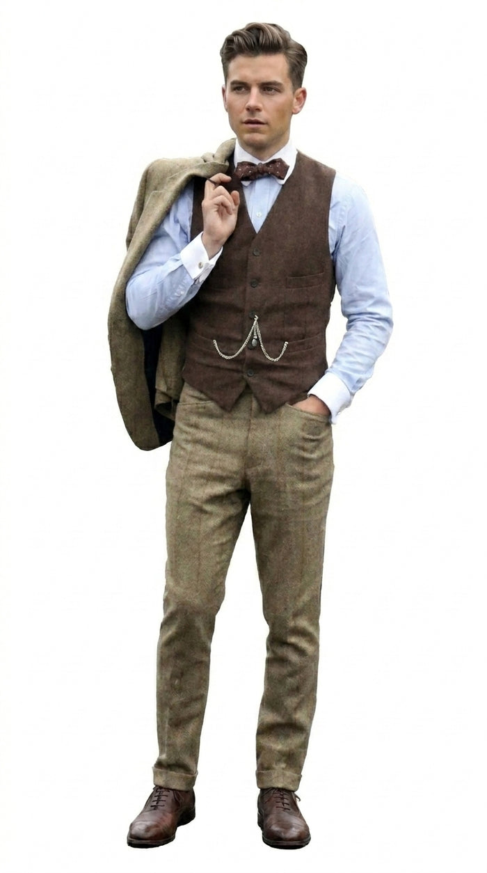 Men’s Taupe Great Gatsby Style 3 Piece Vested Suit, Vintage Wedding Prom Formal Suit Set