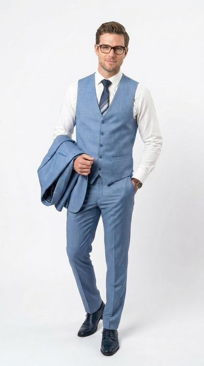 Men’s Steel Blue Sharkskin Textured 3 Piece Suit, Dusty Blue Formal Wedding Dress Suit