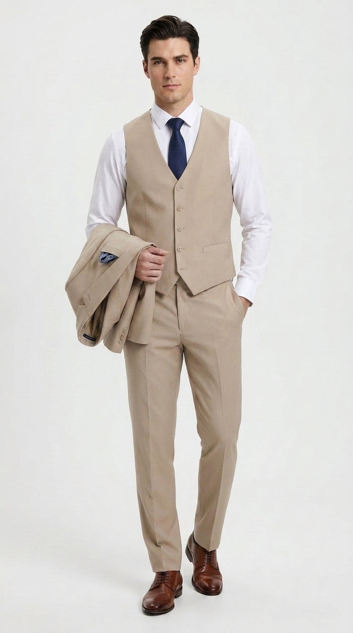 Stacy Adams Men’s Tan 3-Piece Suit – Two-Button Jacket, Matching Vest and Dress Pants