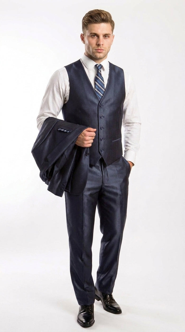 Men’s Navy Shiny Sharkskin Vested Suit, Tazio Formal Wedding Prom Dress Suit