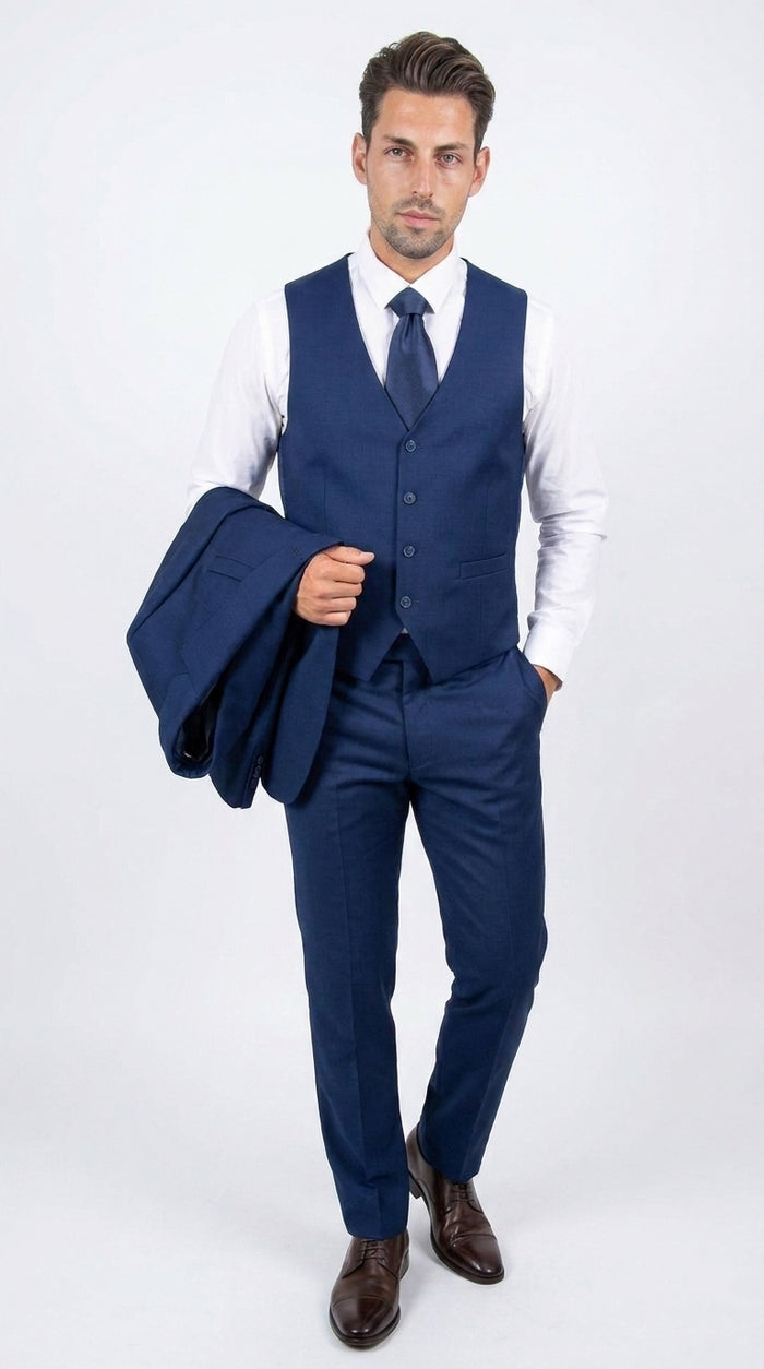 Stacy Adams Men’s Royal Indigo Hybrid Fit 3 Piece Suit, Formal Wedding Prom Dress Suit