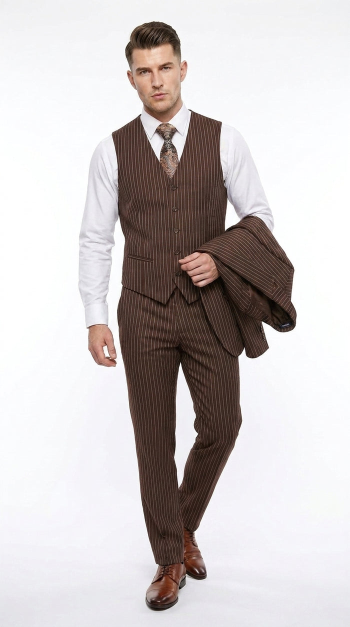 1920s Brown Pinstripe Suit for Men – 3 Piece Vintage Gangster Costume with Vest | Wide Pinstripe Classic Fit