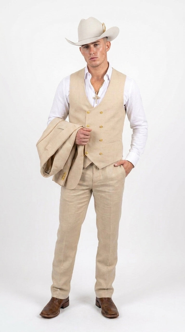 Men’s Light Beige 3-Piece Suit – Peak Lapel Jacket, Double-Breasted Vest and Matching Pants