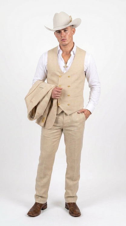 Men’s Light Beige 3-Piece Suit – Peak Lapel Jacket, Double-Breasted Vest and Matching Pants
