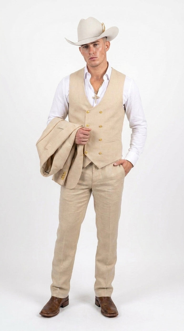 Men’s Light Beige 3-Piece Suit – Peak Lapel Jacket, Double-Breasted Vest and Matching Pants