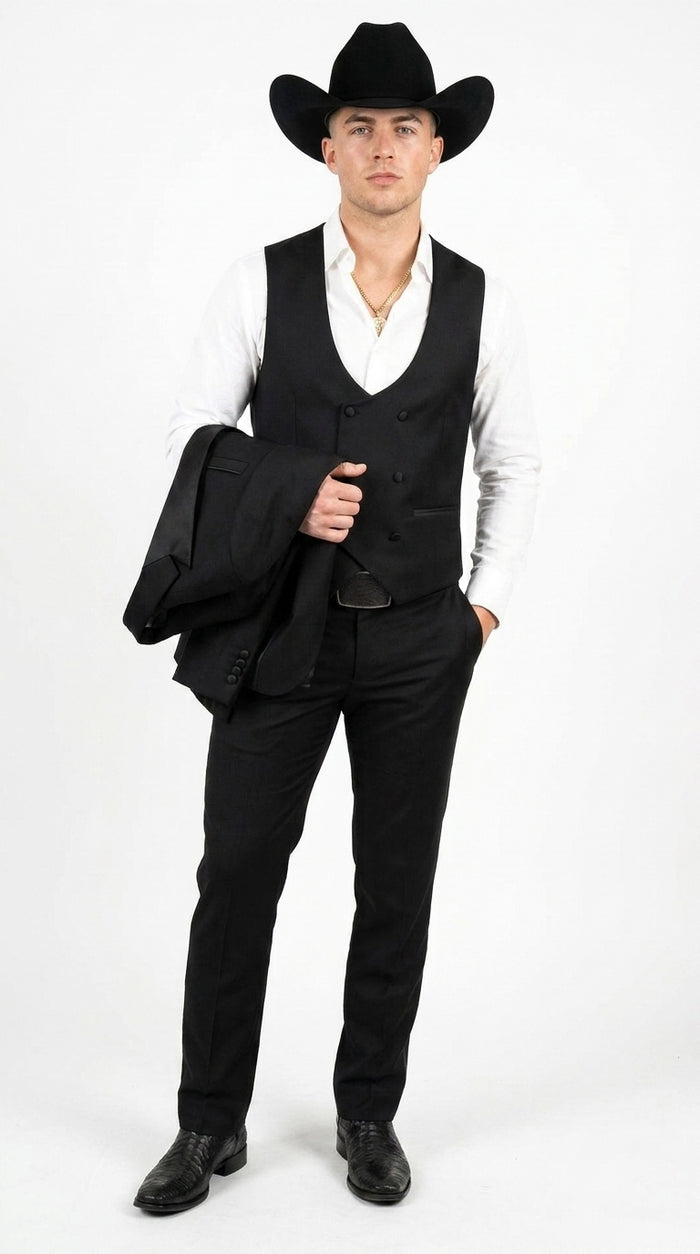 Men’s Black Western Tuxedo Suit – Satin Shawl Lapel Jacket with Double-Breasted Vest and Pants