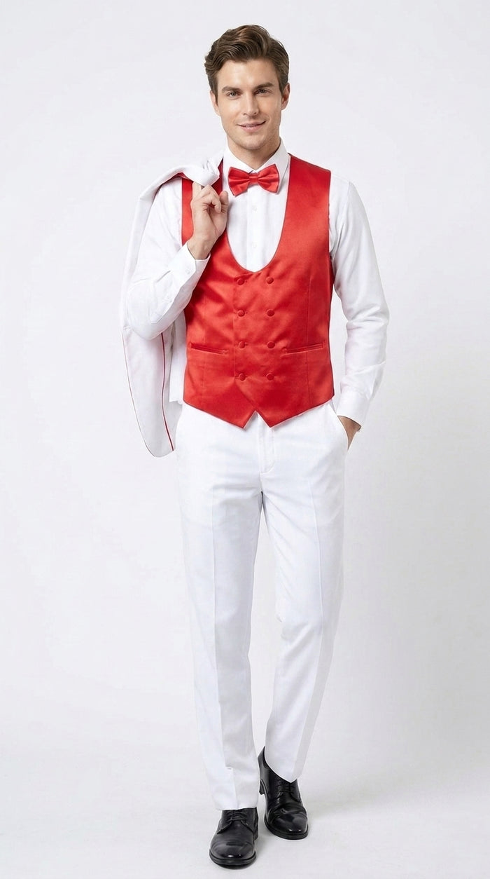 Men’s White and Red 3-Piece Tuxedo – One-Button Shawl Lapel Wedding, Prom and Formal Suit with Vest