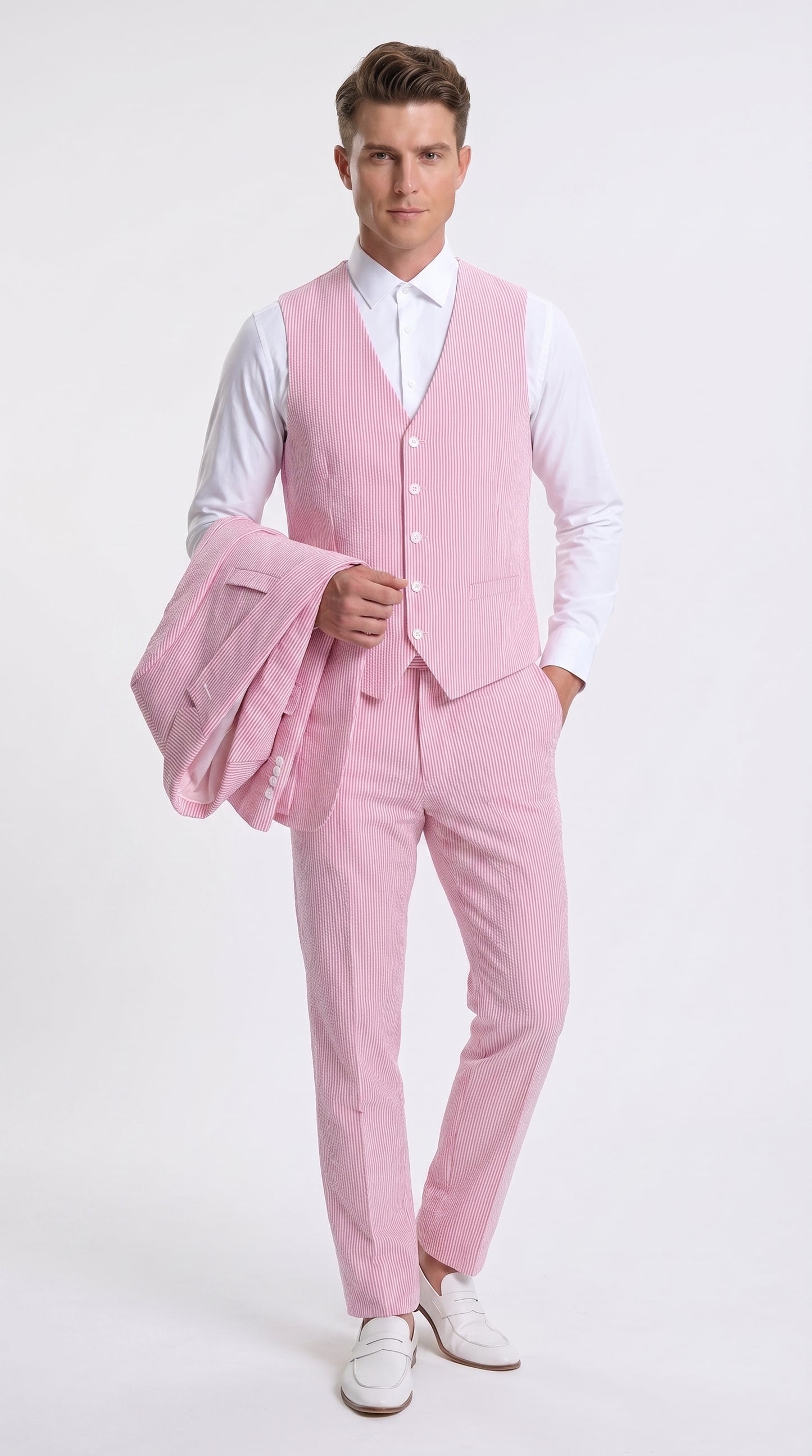 Men’s Red Pinstripe Seersucker Suit – 2 Piece Summer Suit Jacket and Pants
