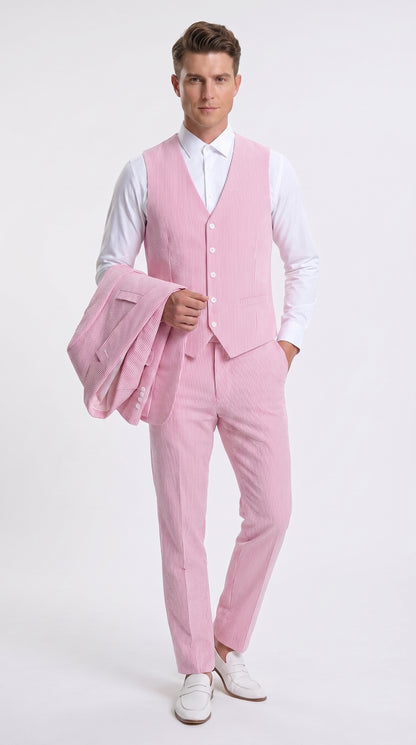 Men’s Red Pinstripe Seersucker Suit – 2 Piece Summer Suit Jacket and Pants