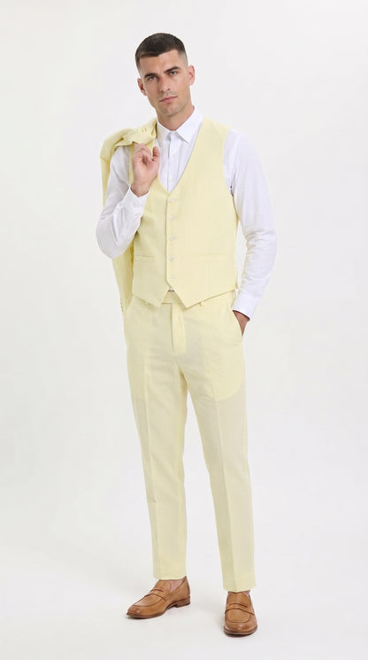Men’s Yellow Pinstripe Seersucker Suit – 2 Piece Summer Suit Jacket and Pants