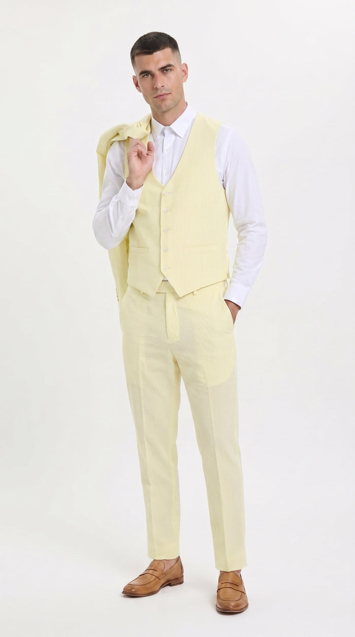 Men’s Yellow Pinstripe Seersucker Suit – 2 Piece Summer Suit Jacket and Pants