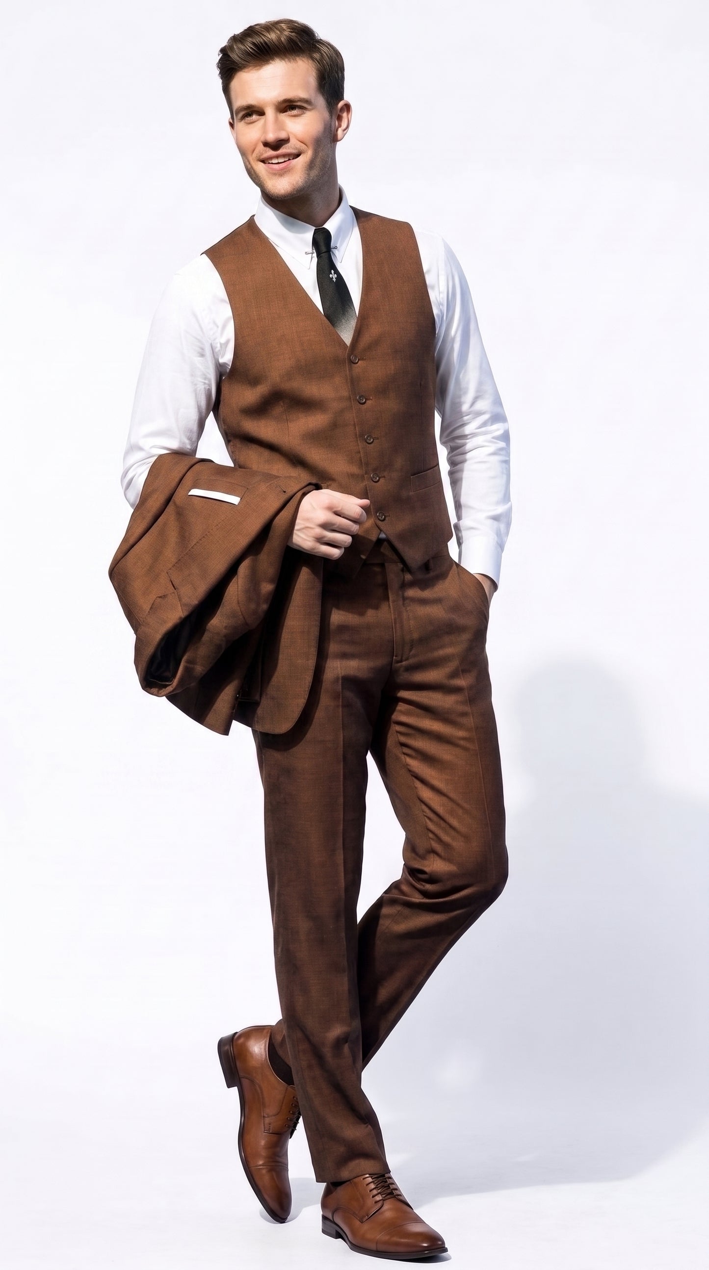 Men’s Cognac Ryan Gosling La La Land Inspired Vested Suit, 3 Piece Formal Wedding Prom Suit
