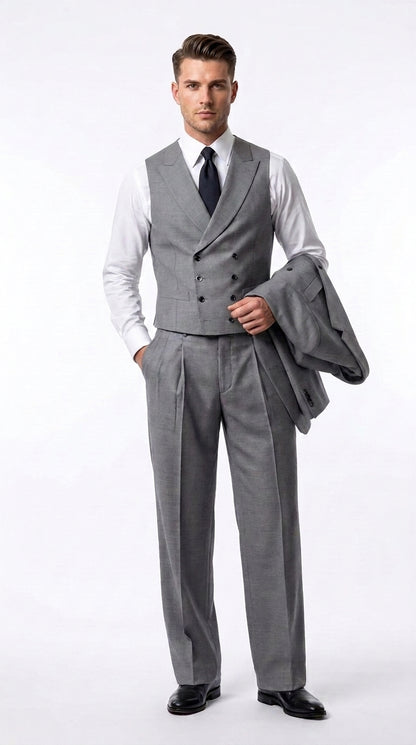 Tiglio Rosso Men’s Gray Super 150’s Italian Wool 3-Piece Suit – Double-Breasted Jacket, Vest and Wide-Leg Pants
