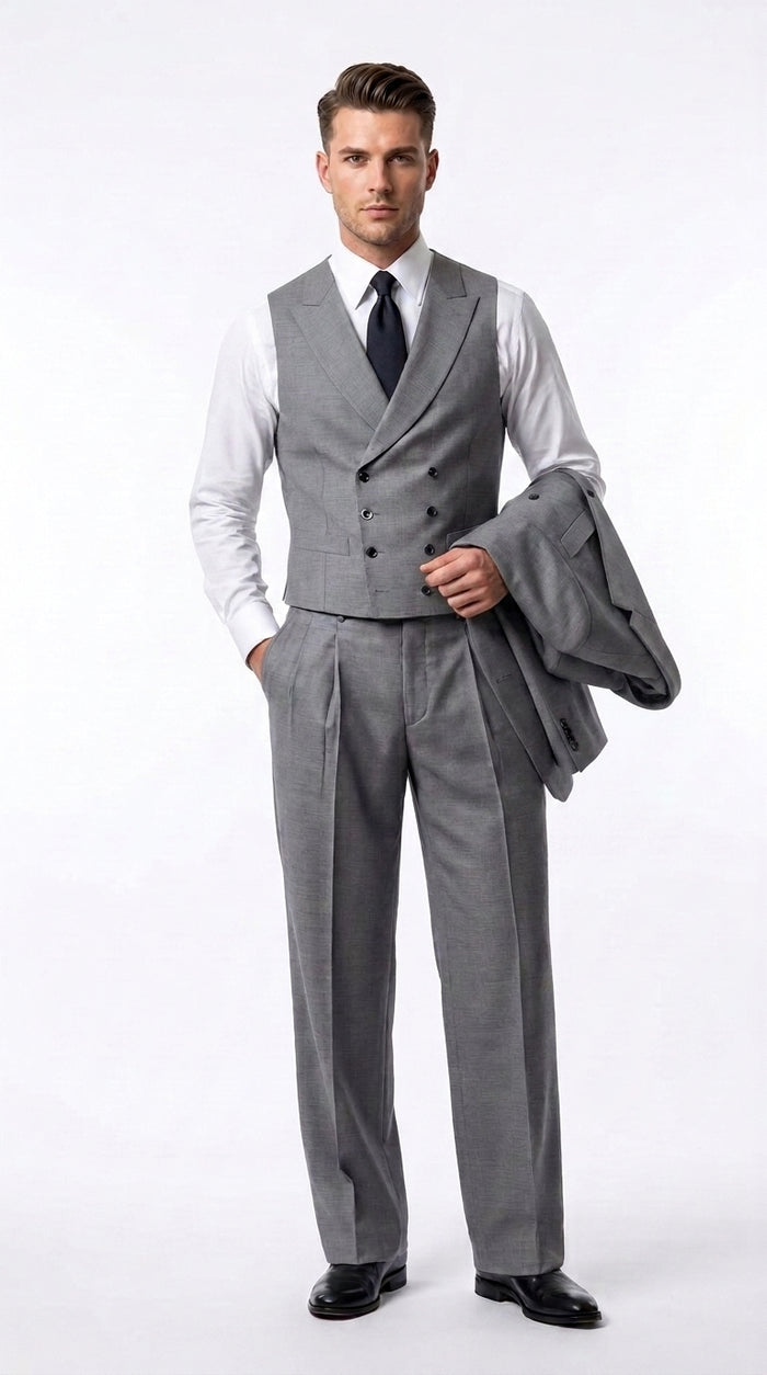 Tiglio Rosso Men’s Gray Super 150’s Italian Wool 3-Piece Suit – Double-Breasted Jacket, Vest and Wide-Leg Pants