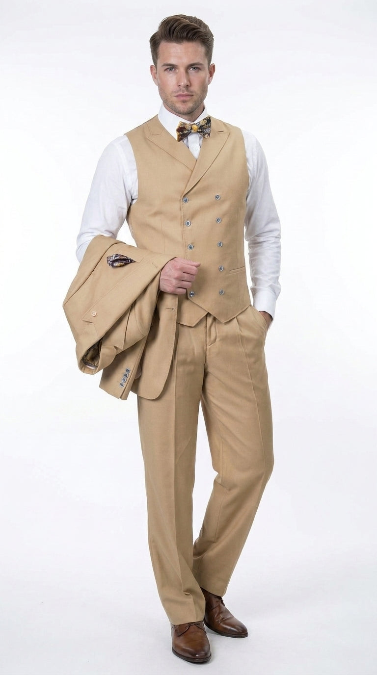 Men’s Camel 100% Wool 3-Piece Suit – One-Button Notch Lapel Suit with Double-Breasted Vest and Wide-Leg Pants