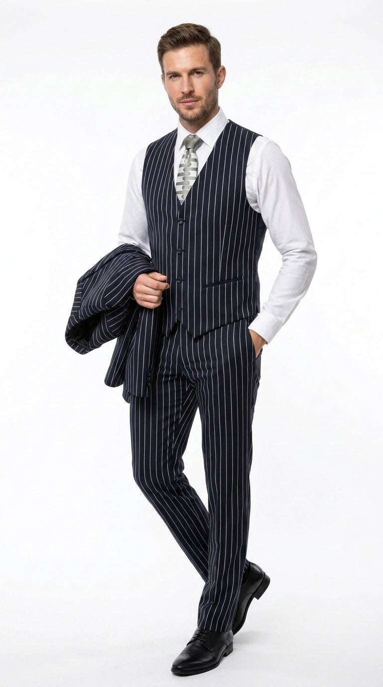 Men’s 3-Piece Gangster Pinstripe Suit – 2-Button Vintage Suit in Black, Grey or Burgundy