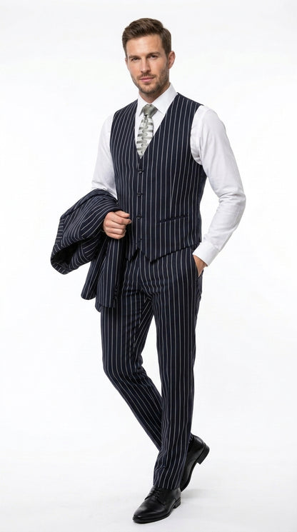 Men’s 3-Piece Gangster Pinstripe Suit – 2-Button Vintage Suit in Black, Grey or Burgundy