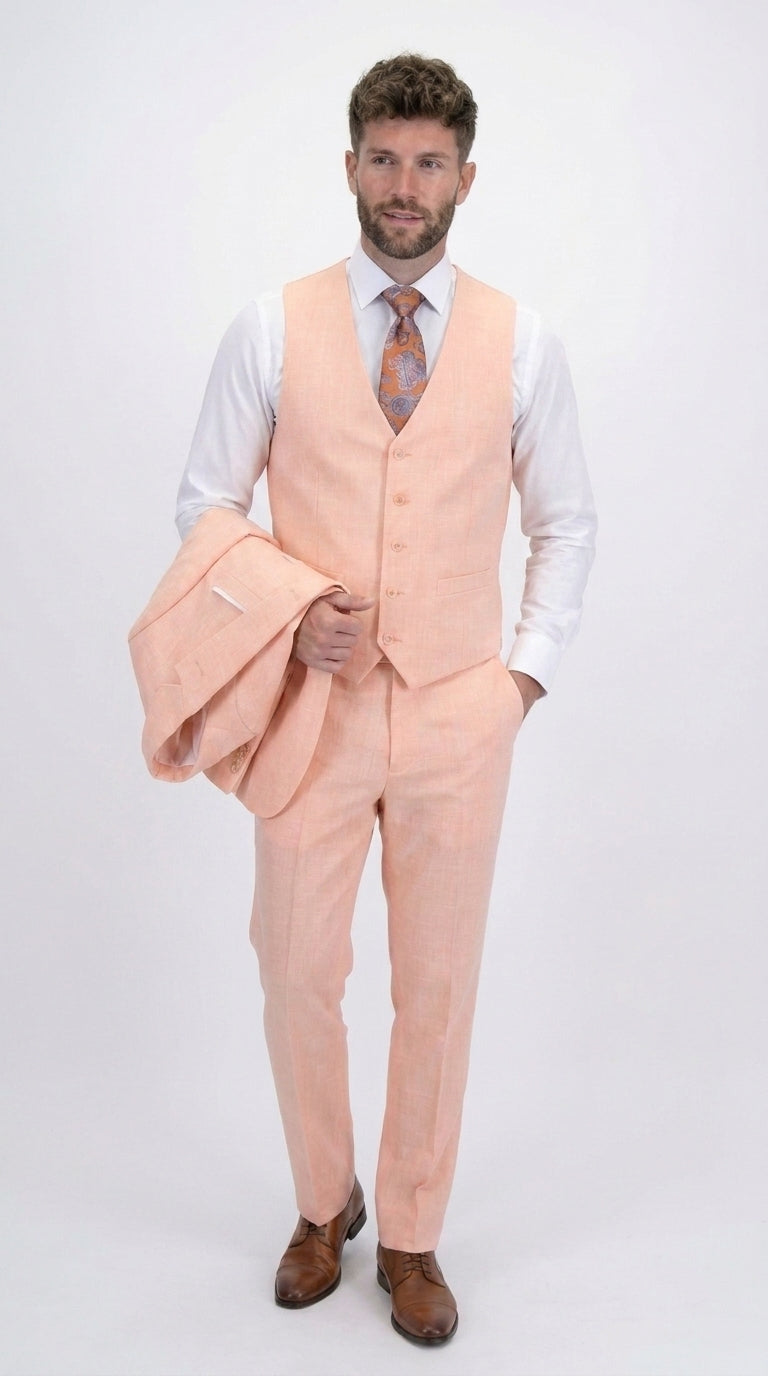 Statement Men's Peach 3 Piece Suit – Light Orange Blush Modern Fit Wedding & Summer Suit with Ticket Pocket