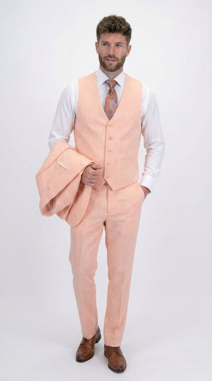 Statement Men's Peach 3 Piece Suit – Light Orange Blush Modern Fit Wedding & Summer Suit with Ticket Pocket