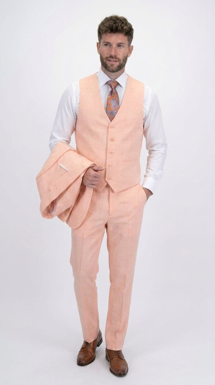 Statement Men's Peach 3 Piece Suit – Light Orange Blush Modern Fit Wedding & Summer Suit with Ticket Pocket