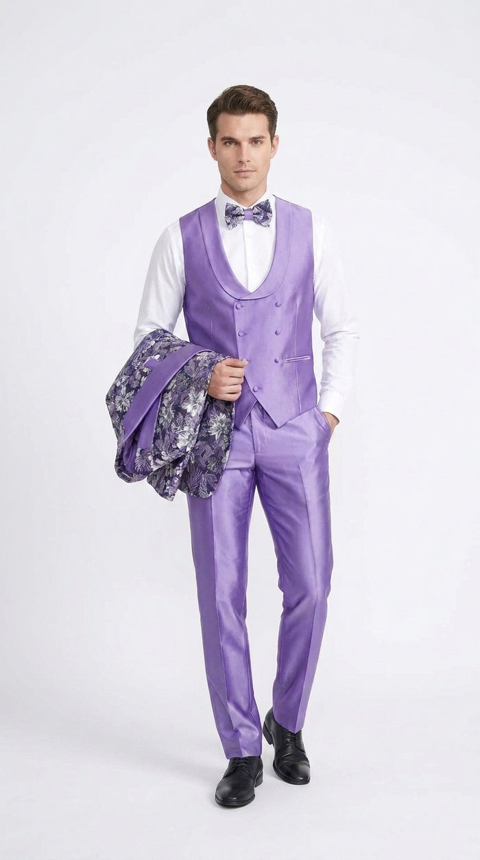 Men’s Purple Floral Prom Tuxedo – Shawl Lapel 3-Piece Wedding and Formal Suit