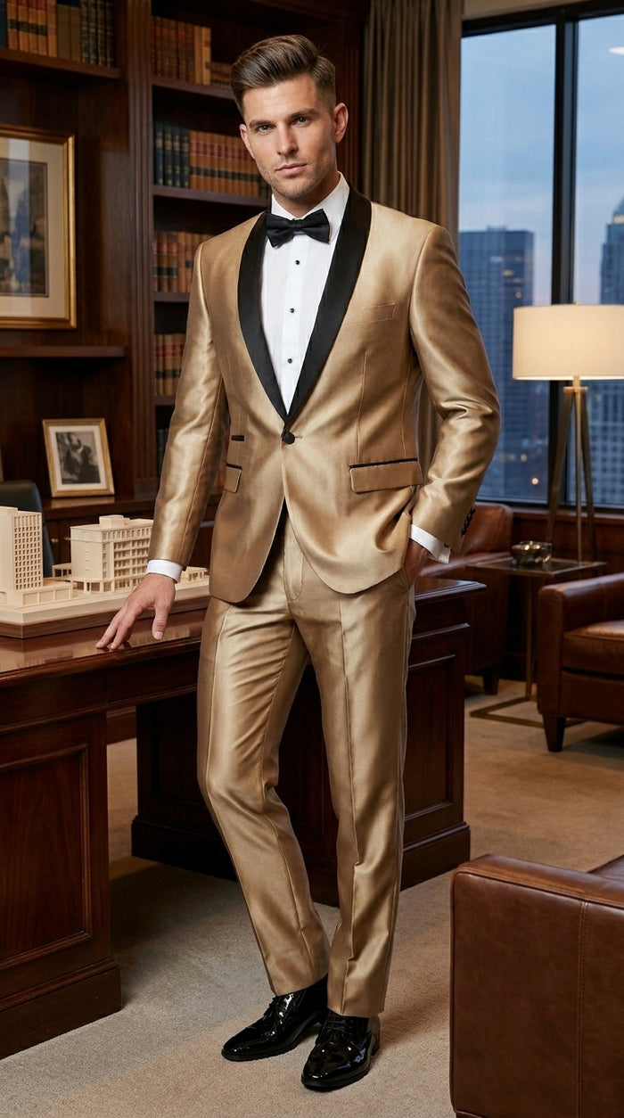 Men’s Gold Shiny Sharkskin Tuxedo with One Button Jacket, Black Shawl Lapel and Matching Pants