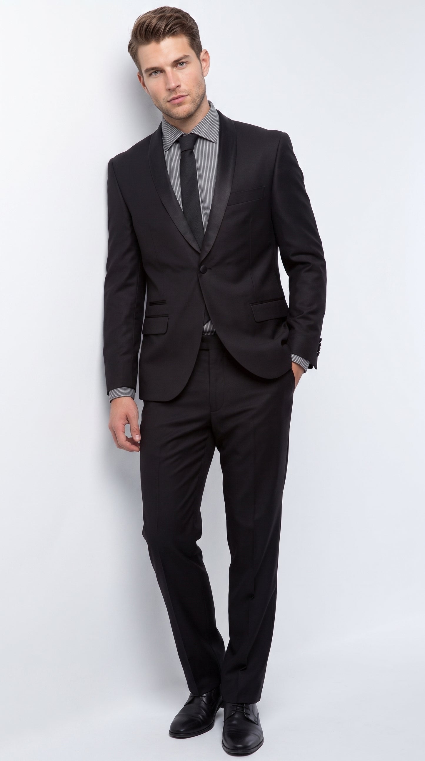 Men’s Black 1-Button Shawl Lapel Tuxedo – Wedding, Prom and Formal 2-Piece Suit