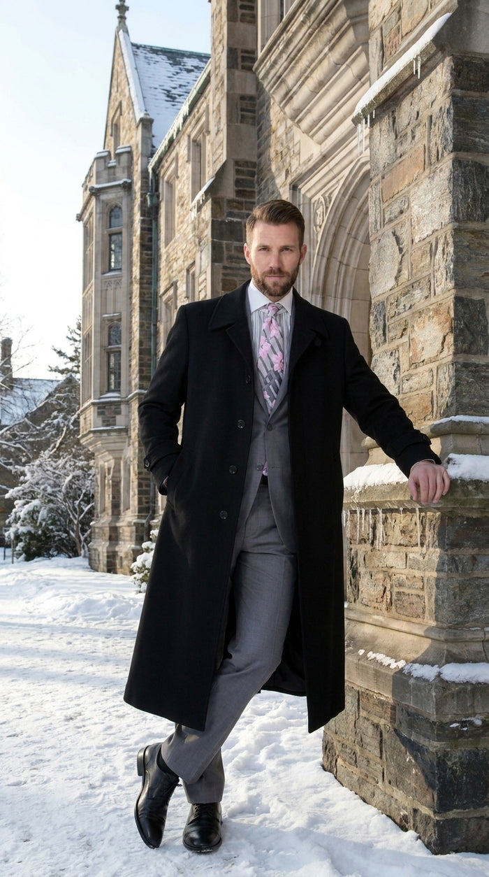 Men’s Black 100% Wool Gabardine Full-Length Overcoat – Wide Lapel Formal Top Coat