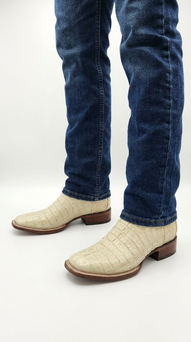 Men’s Winter White Caiman Tail Square Toe Cowboy Boots – Exotic Western Dress Boots
