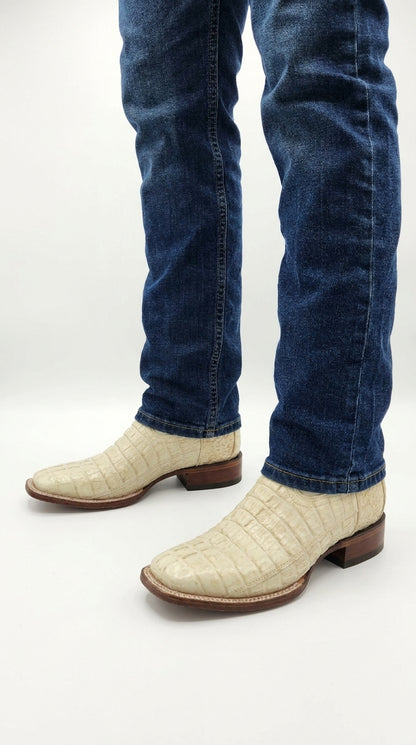 Men’s Winter White Caiman Tail Square Toe Cowboy Boots – Exotic Western Dress Boots