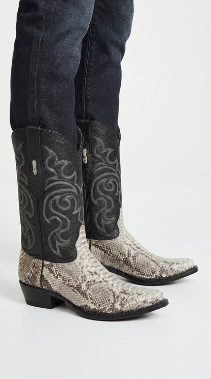Men’s Natural Python Cowboy Boots – Exotic Snip Toe Western Dress Boots with Black Leather Shaft
