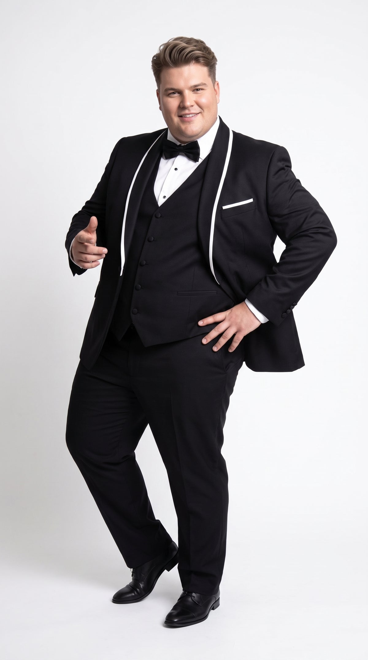 Men's Statement Suits Black 3-Piece Fashion Tuxedo – White Piping Shawl Lapel Wedding, Prom & Formal Dinner Suit