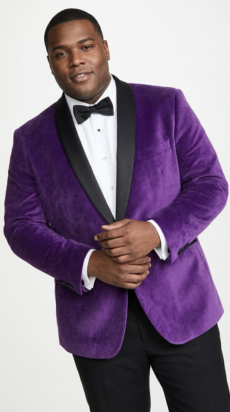 Men’s Purple Velvet Tuxedo Dinner Jacket – One Button Black Shawl Lapel Formal Blazer for Prom, Wedding and Party