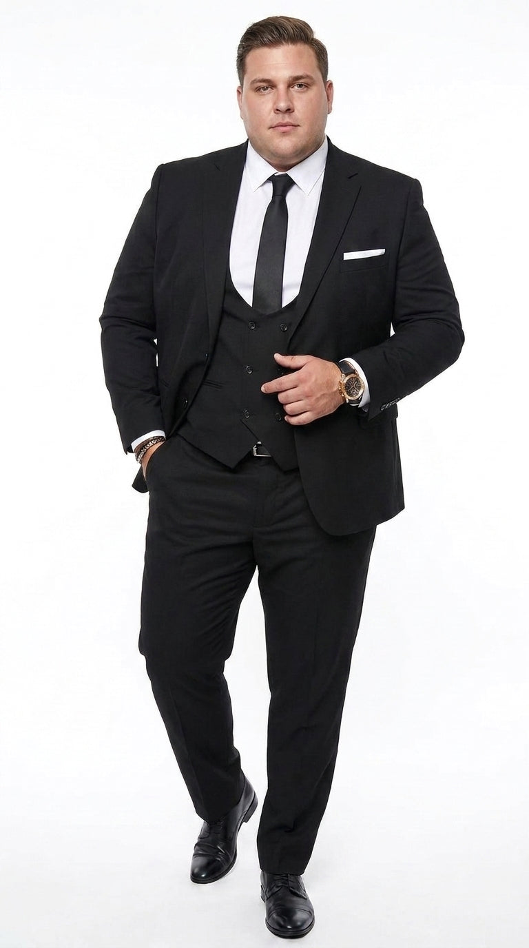 Men’s Black 2 Button Suit with Double Breasted Vest, White Shirt and Black Tie Formal Set