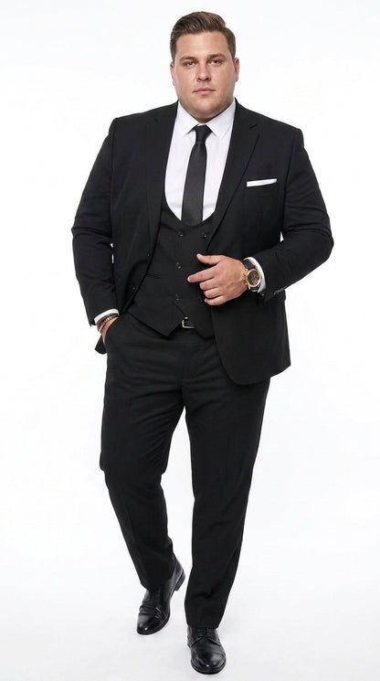 Men’s Black 2 Button Suit with Double Breasted Vest, White Shirt and Black Tie Formal Set