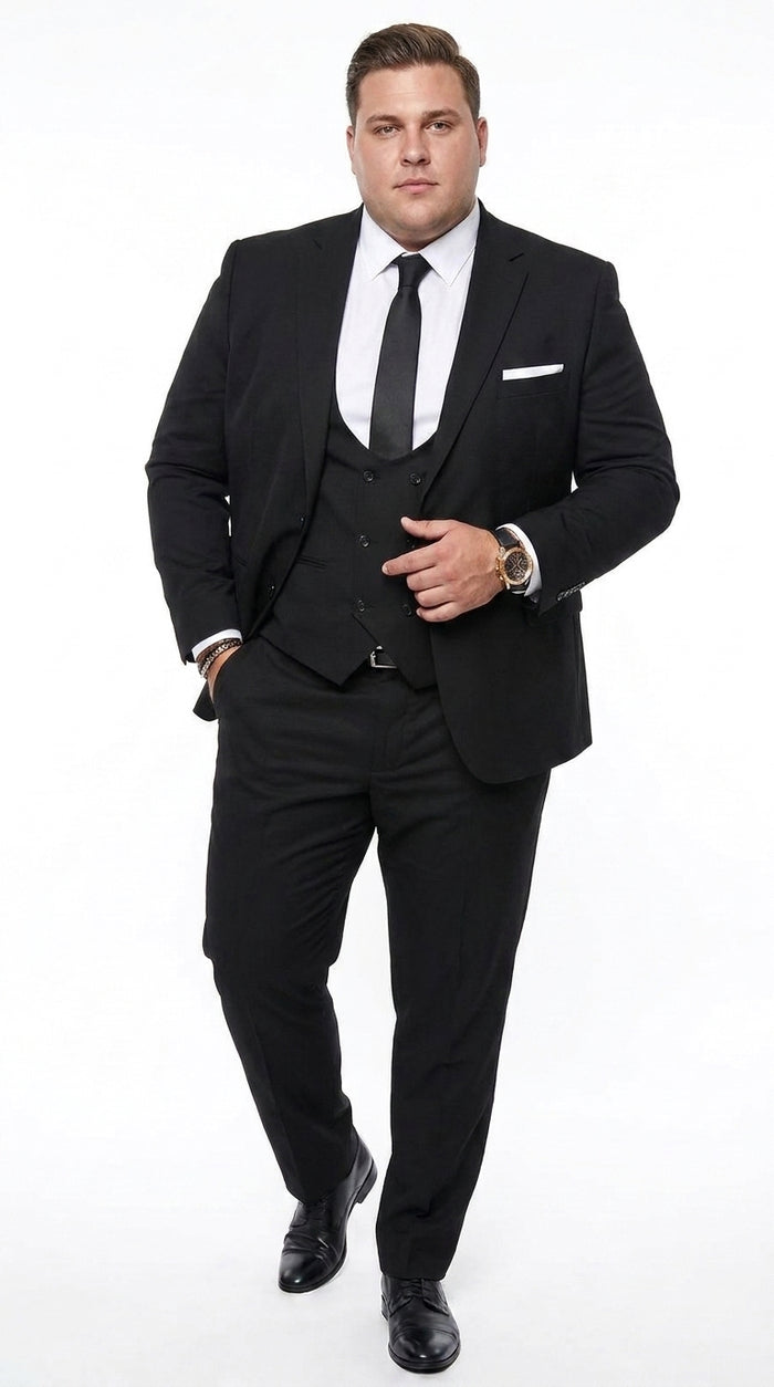 Men’s Black 2 Button Suit with Double Breasted Vest, White Shirt and Black Tie Formal Set