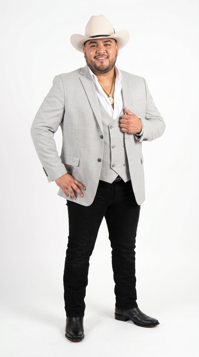 Men’s Light Gray Western Suit Blazer with Double-Breasted Vest – Modern Cowboy Formal Outfit