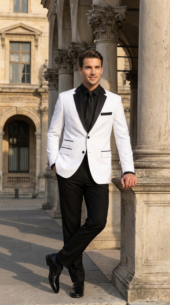 Boys White and Black Two Tone Tuxedo Suit, 2 Button Wedding Party Dinner Jacket with Black Pants