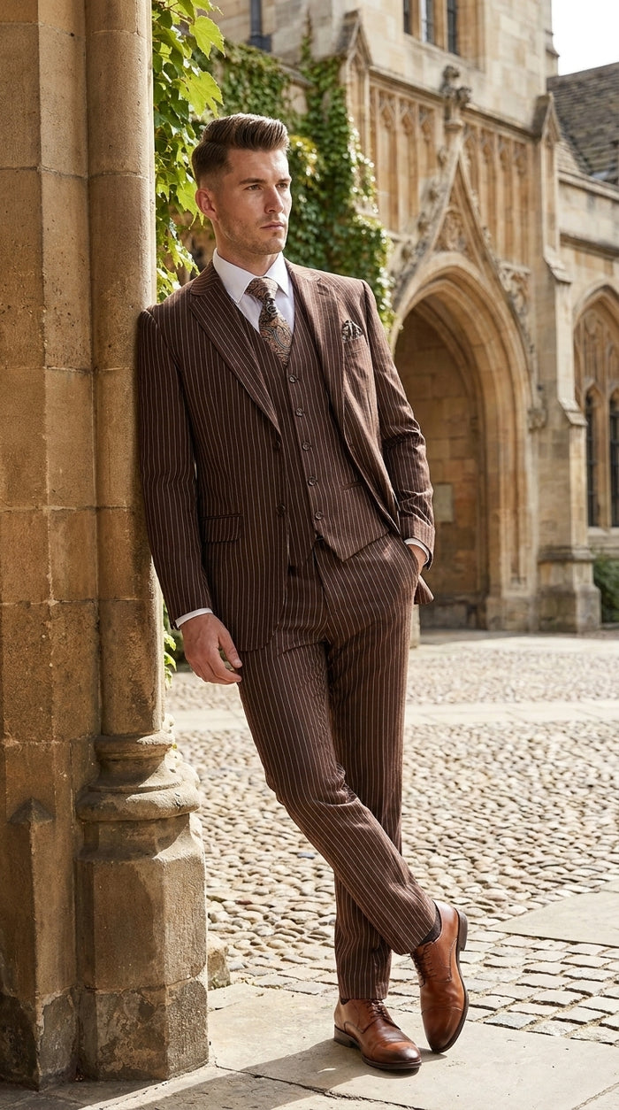 1920s Brown Pinstripe Suit for Men – 3 Piece Vintage Gangster Costume with Vest | Wide Pinstripe Classic Fit