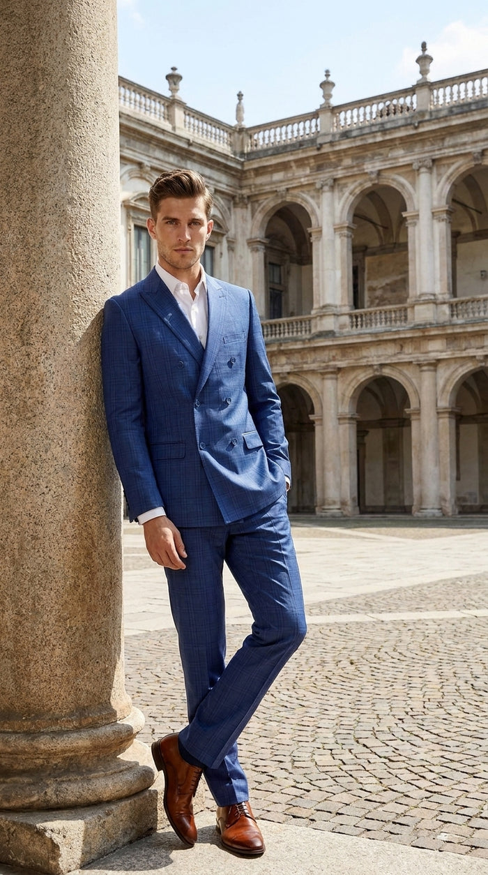 Men’s Royal Blue Plaid Double-Breasted Suit – 1920s Gangster Windowpane Wedding and Formal Suit