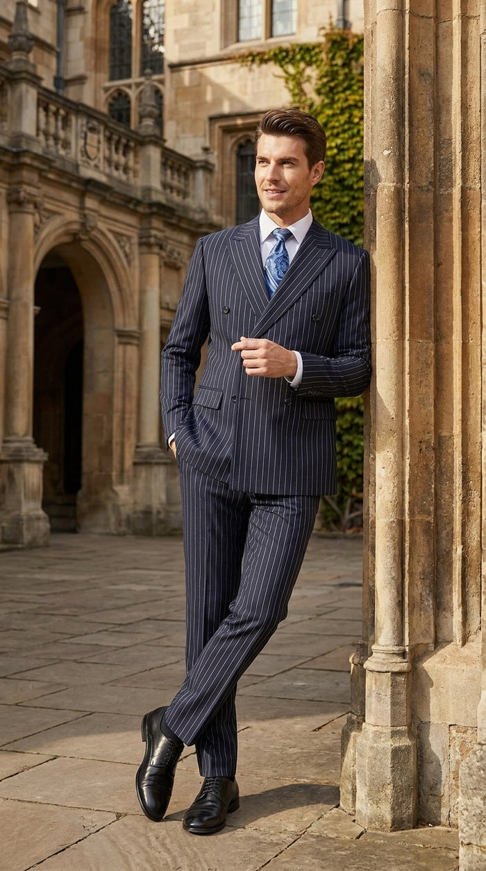 Men’s Navy Pinstripe Double-Breasted Suit – 1920s Gangster Wedding, Gatsby and Formal Suit
