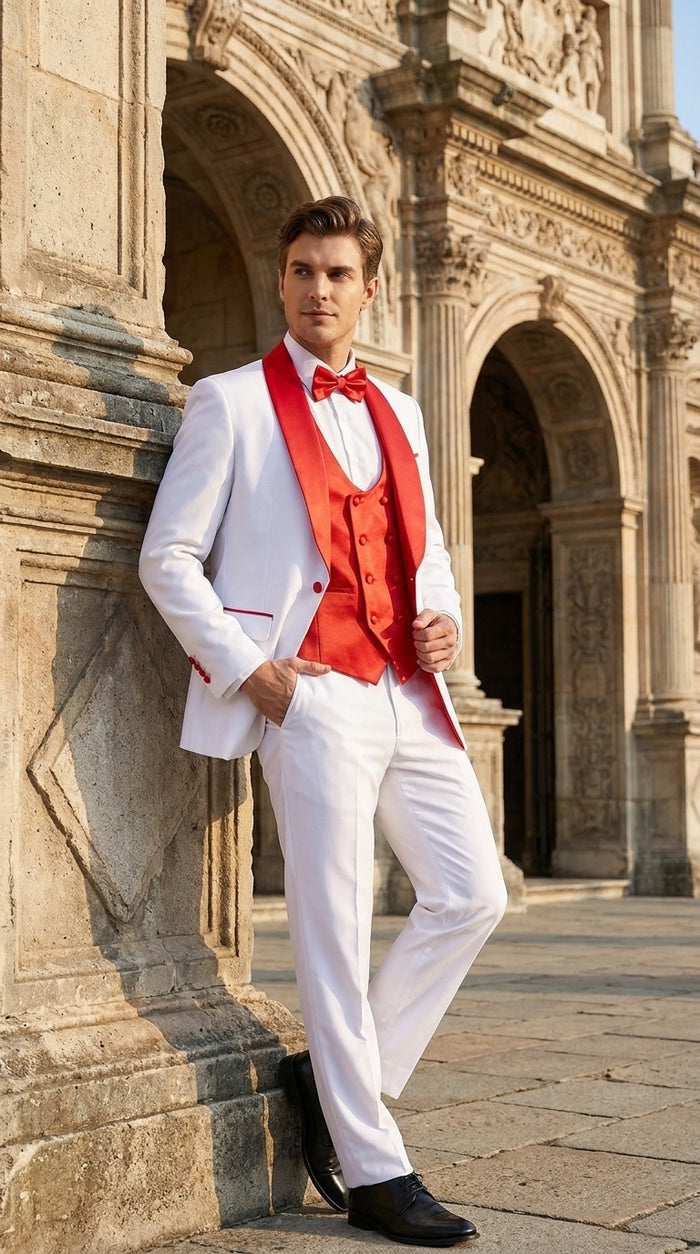Men’s White and Red 3-Piece Tuxedo – One-Button Shawl Lapel Wedding, Prom and Formal Suit with Vest