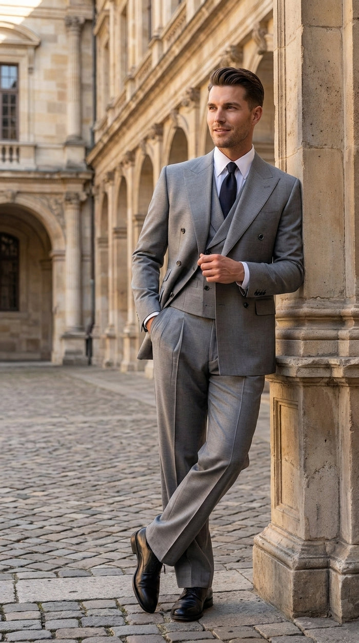 Tiglio Rosso Men’s Gray Super 150’s Italian Wool 3-Piece Suit – Double-Breasted Jacket, Vest and Wide-Leg Pants