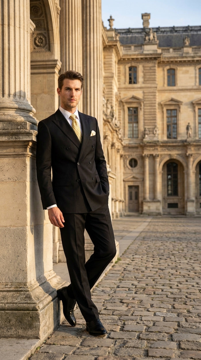 Men’s Black 100% Wool Double-Breasted Suit – Classic Business, Wedding and Formal Suit