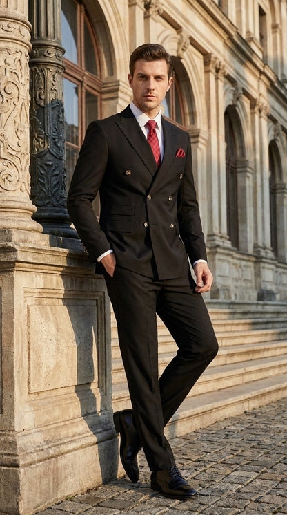 Men’s Black Classic Wool Double-Breasted Suit – Peak Lapel Wedding, Business and Formal Suit