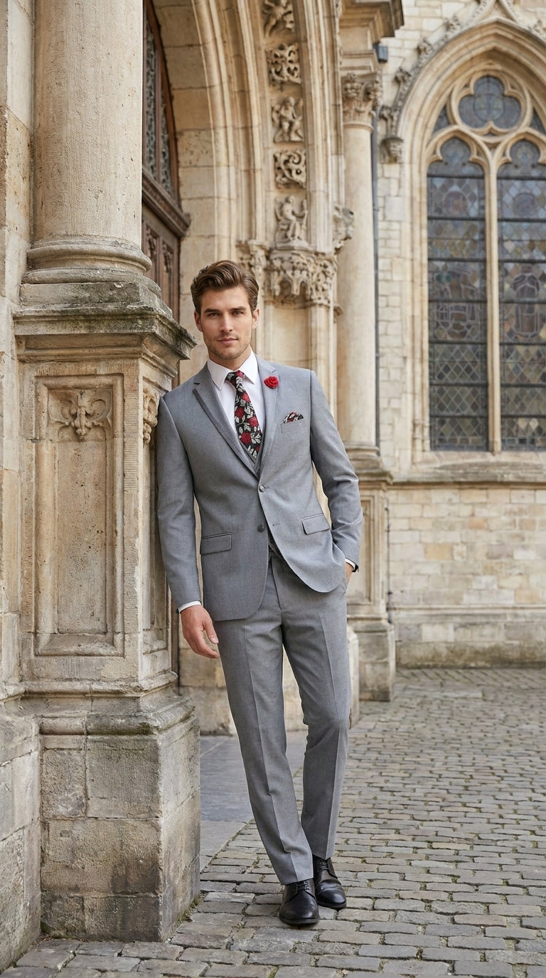 Men’s Grey Trim Tuxedo Suit – Vested Wedding, Prom and Formal Suit with Black Lapel Accents